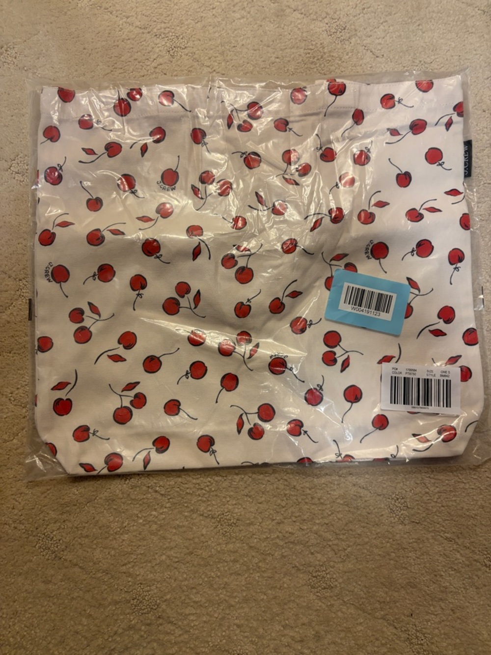 NWT J. Crew Cherry Print Tote Bag - Cream/Red Printed reusable everyday tote - Picture 3 of 4